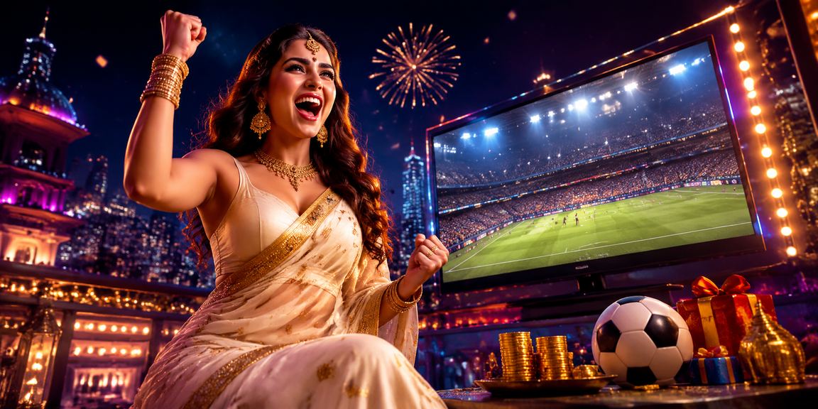 Indian woman celebrating cricket victory in saree with mobile phone